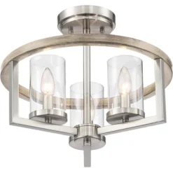 Possini Euro Design Senna Modern Industrial Ceiling Light Semi Flush Mount Fixture 15" Wide Brushed Nickel Gray Wood 3-Light Clear Glass For Bedroom -Home Decor Sales GUEST 08a6d6bd 0bbb 4c6e a704 3432667d795f