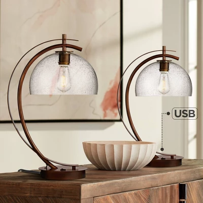 Possini Euro Design Modern Desk Lamps Set Of 2 With USB Port 22 1/2" High Bronze LED Clear Seeded Glass Shade For Bedroom Office 1 Possini Euro Design Modern Desk Lamps Set Of 2 With USB Port 22 1/2" High Bronze LED Clear Seeded Glass Shade For Bedroom Office