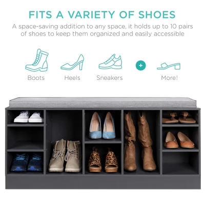 Best Choice Products 46in Shoe Storage Organization Rack Bench For Entryway, Bedroom W/ Padded Seat, 10 Cubbies - Gray 1 Best Choice Products 46in Shoe Storage Organization Rack Bench For Entryway, Bedroom W/ Padded Seat, 10 Cubbies - Gray