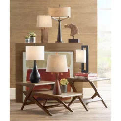 360 Lighting Omar Modern Table Lamp 28 3/4" Tall Warm Brown Wood Hourglass Oatmeal Fabric Drum Shade For Bedroom Living Room Bedside Nightstand Office -Home Decor Sales GUEST d65b8b8a 1a44 478d 9722 ac58b50aba81