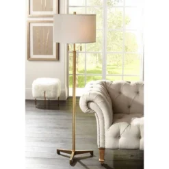 Possini Euro Design Encino Modern Tripod Floor Lamp Standing 60" Tall Brass Gold Metal Off White Fabric Drum Shade For Living Room Bedroom Office Home