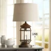 Franklin Iron Works Andreas Industrial Table Lamp 26" High Brown Metal With Nightlight LED And USB Charging Port Oatmeal Shade For Living Room Desk